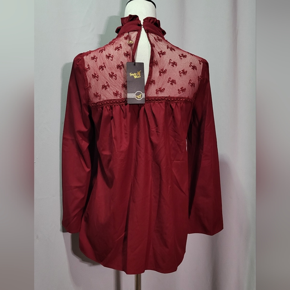 StyleDome Women's NWT Red Lacc High Neck Long Sleeve Ruffle Blouse Size Small 🐈 - Picture 9 of 11
